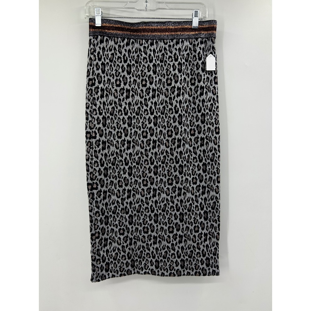 Le Superbe Liza Midi Skirt Silver Leopard Print Metallic Knit Size Medium